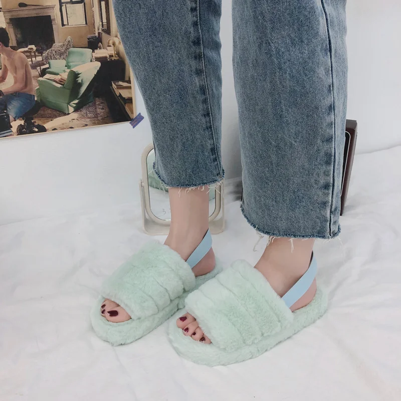 

hot sale sandals warm sheepskin slippers winter warm furry slides for girl women