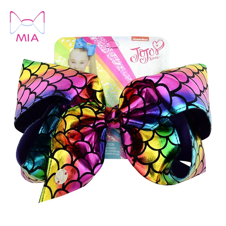 

Mia Free Shipping JOJO laser rainbow mermaid leather large bow hair clips for girls children's hair bows with paper card 848, Picture shows
