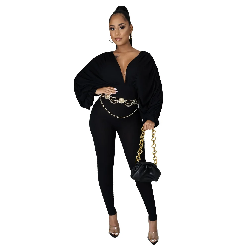 

Custom Logo Latest Design Solid Stripe Deep V Neck Sexy Long Sleeve Long Romper Jumpsuit For Women, Multiple colors