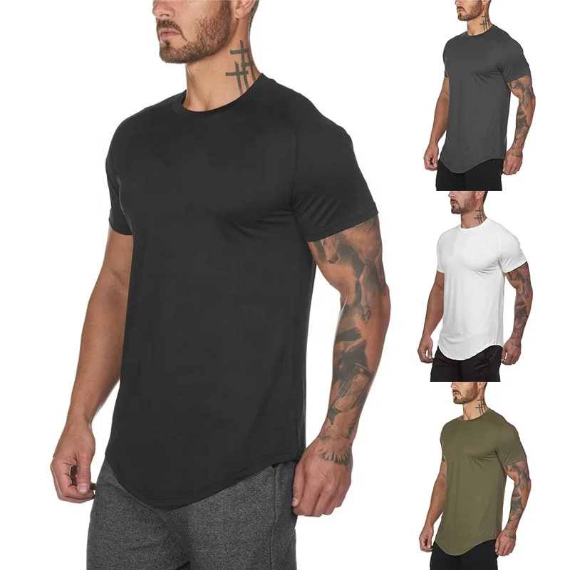 

Longline Curve Hem Skinny Men Fitness Muscle T Shirt Wholesale Sublimation Gym Sports Wear Body Building Training Shirts