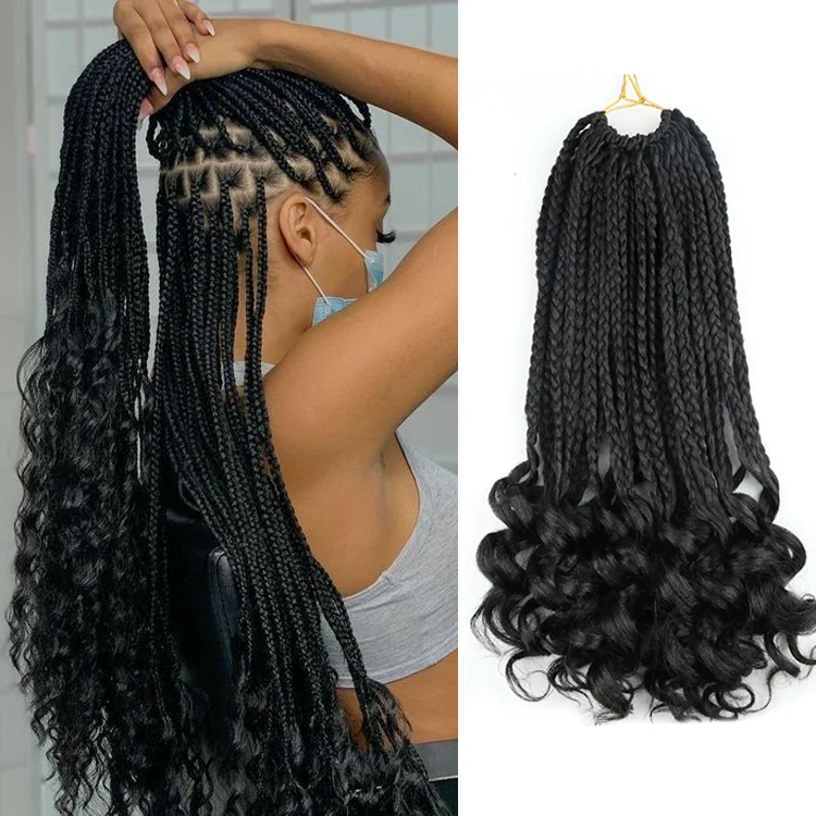 

New Arrival Goddess Box Braids With Curly Ends Synthetic Bohemian Hair Extensions Crochet Curly End Box Braid, #1b #t1b/27 #t1b/30.t1b/bug