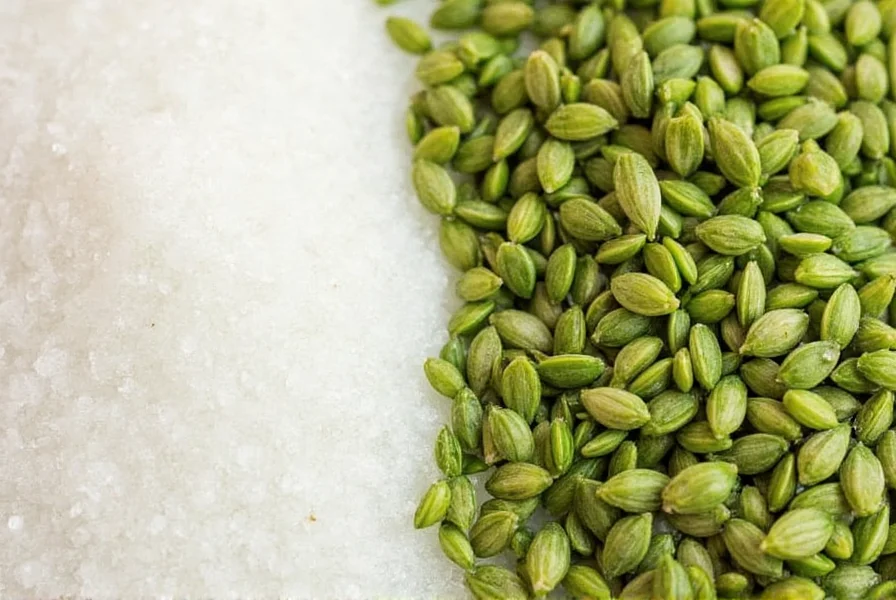 Close-up of celery salt next to celery seeds for visual comparison of texture and color