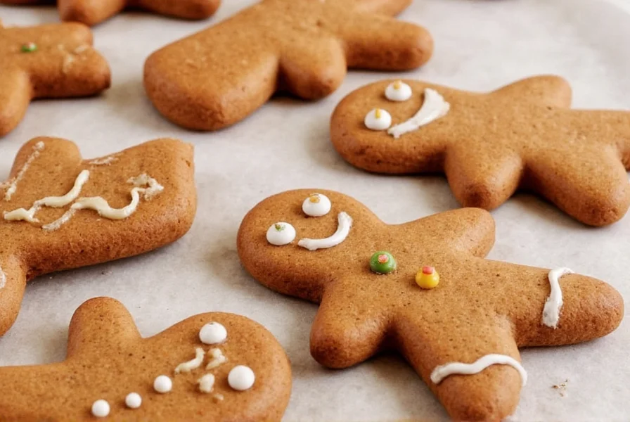 Traditional gingerbread man cookies arranged on baking sheet