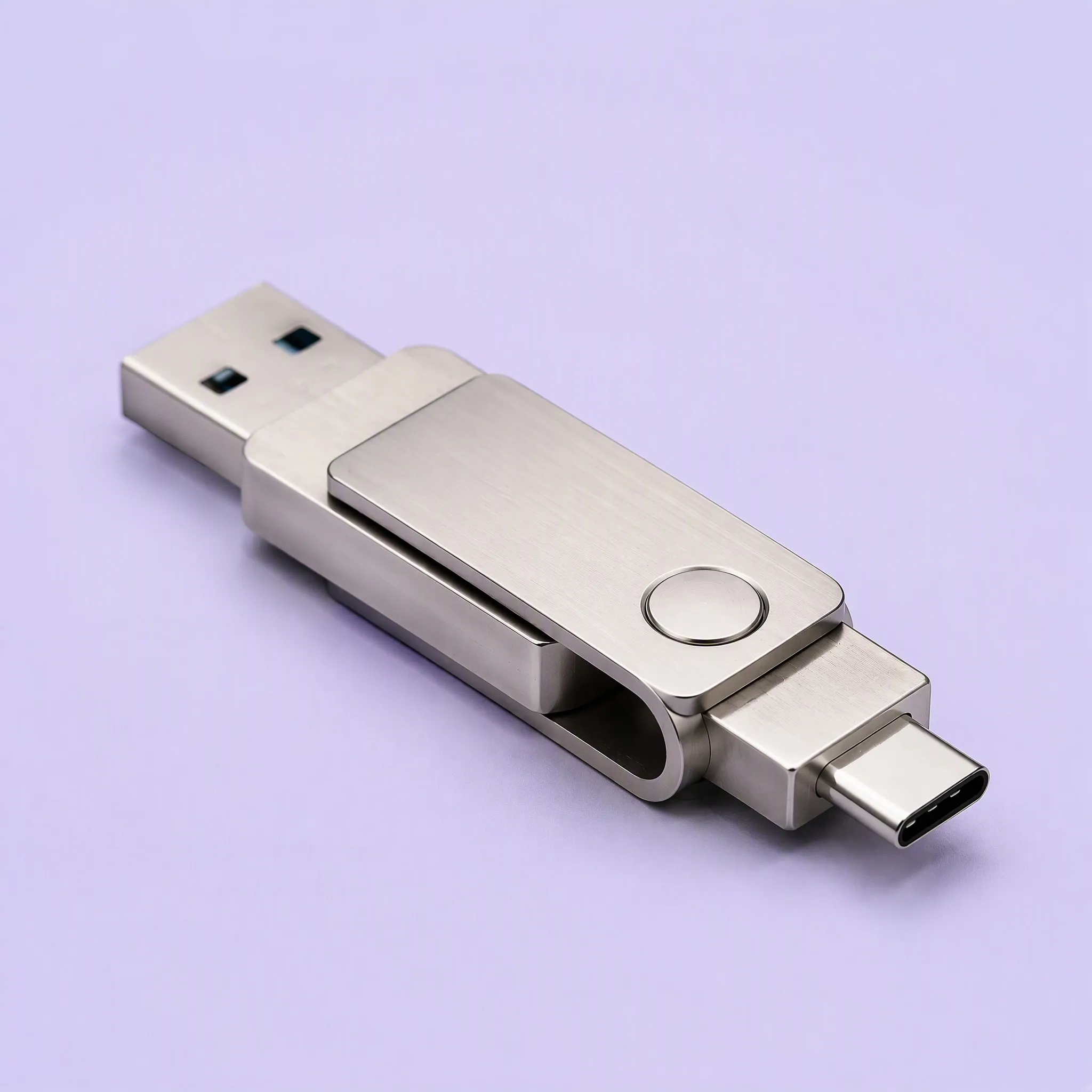 3/4 Isometric Perspective of Brushed Metal Dual-Interface Swivel Flash Drive