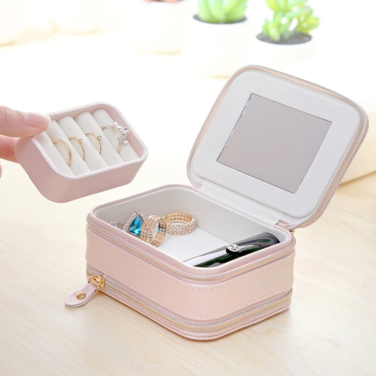 

Promotional portable jewelry storage box with zipper and mirror