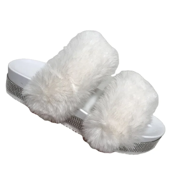 

diamond plush women's shoes fluffy furry platform sandals imitation fox fur ladies slippers