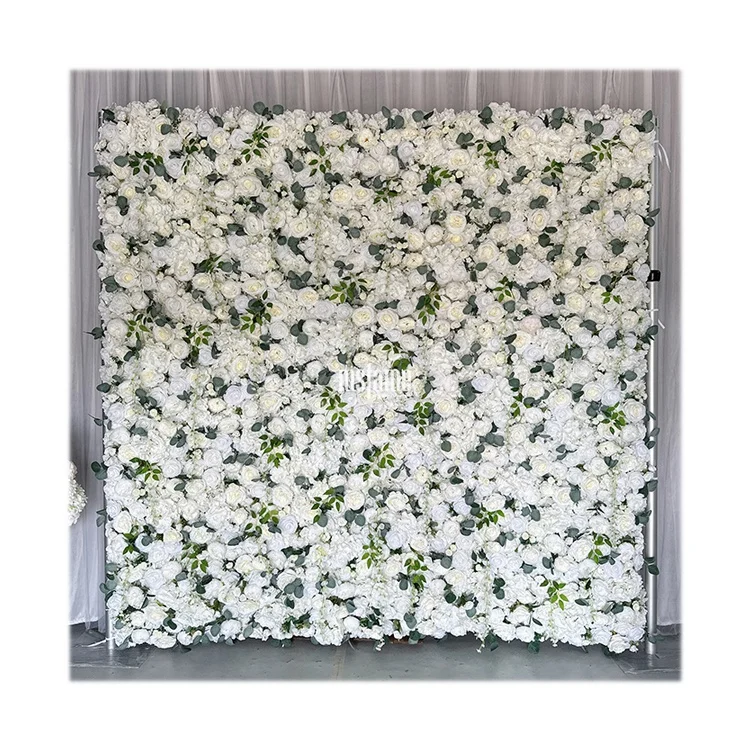 

Backdrops Birthday Events Artificial White Silk Flowers Roll Up Green Decor 3D Wedding Flower Wall