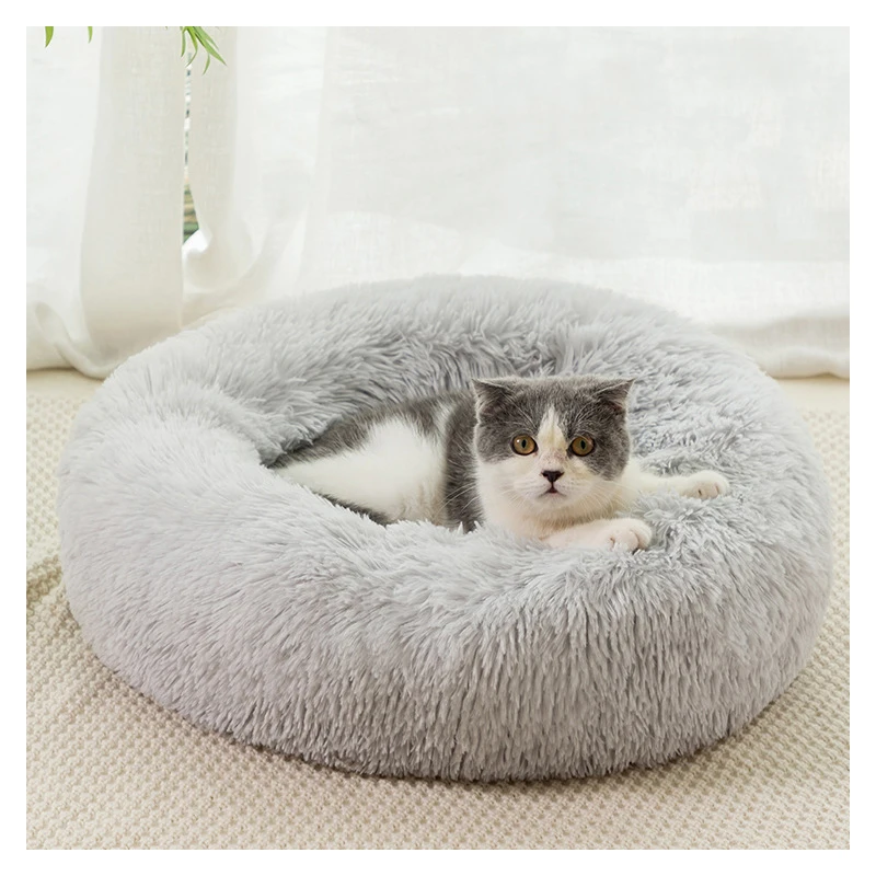 

Long Plush Fluffy Pet Bed For Cat Anti Slip Dot Bottom Calming Puppy Dog Donut Bed Round Cat Bed, Customized color