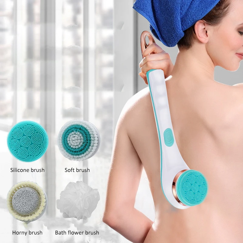 

4 in 1 Rechargeable long handle body back scrubber silicon bath shower bathing exfoliating cellulite brush silicone set, Blue/pink