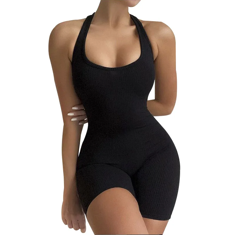 

Solid Color Sexy Halter Tight Summer Short Jumpsuit Women 2021