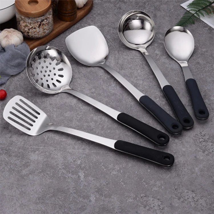 

Custom Logo 6 pcs cookware Cooking gadgets Accessories Tools Wooden silicone Handle Utensils Stainless Steel Kitchen Tool Set, Silver