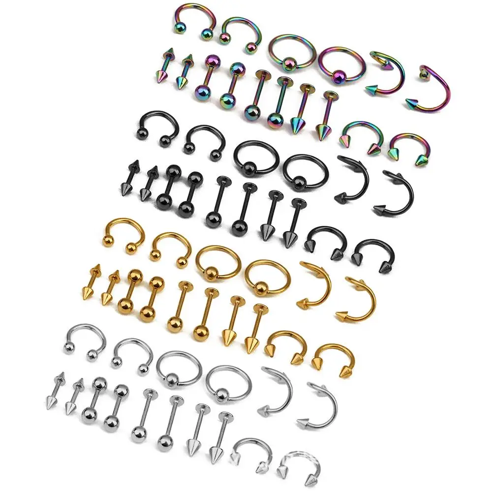 

16pcs/bag Surgical Steel Multicolor Earring Horseshoe Spike Captive Bead Ring Eyebrow Ring Ball Lip Ring Body Jewelry Piercings, Optional