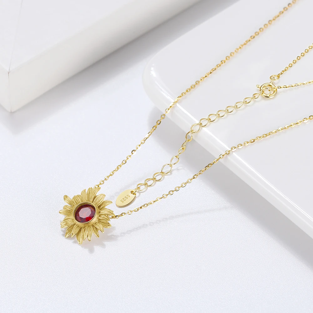 

High Quality Red Natural Garnet Stone Flower Necklace 925 Sterling Silver Sunshine Sunflower Pendant Necklaces Mother's Gift