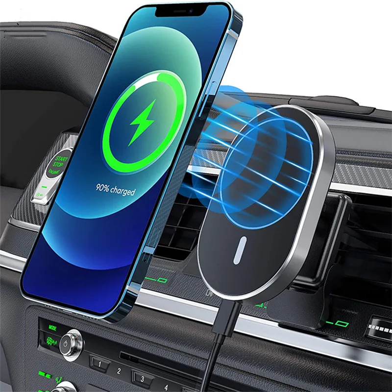 

2021 Best quality 15W Magsafing Wireless Car Mount Charger Mobile Phone Fast Charging magnetic car wireless charger, Silver black