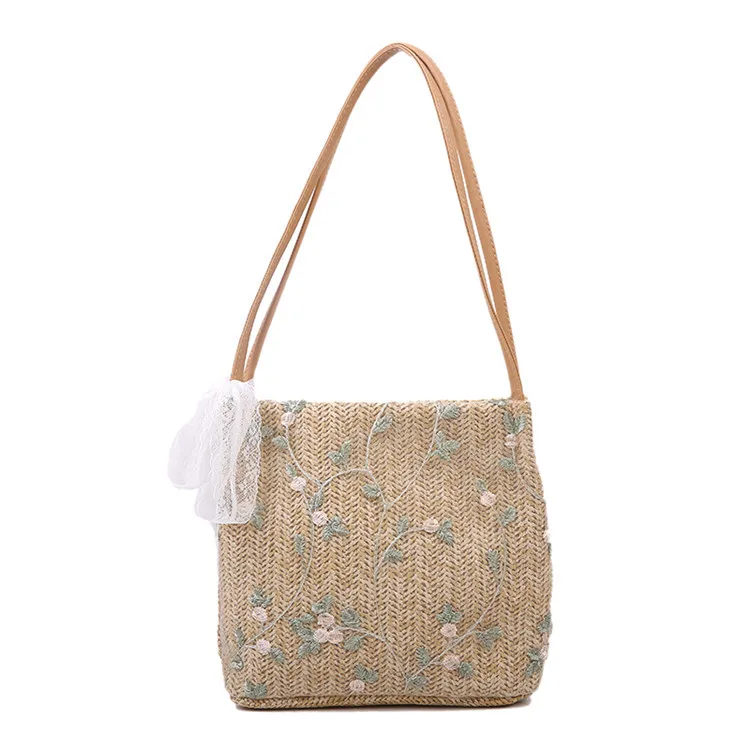 

SP787 Korean style student shoulder bag large-capacity hand woven female bucket bag lace straw woven summer bag, Picture shown