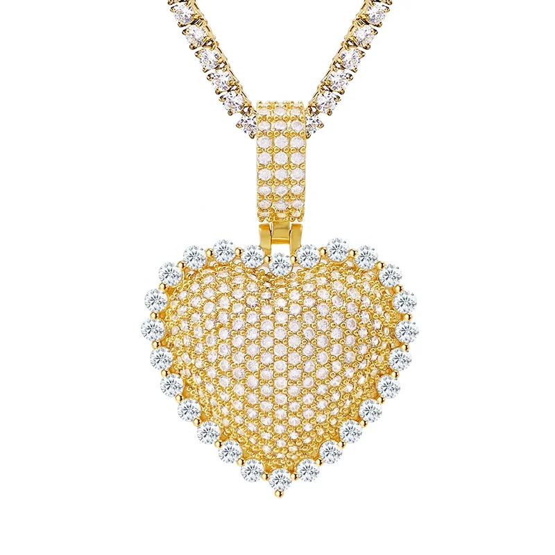 

wholesale micro pave moissanite diamond gold plated heart pendant necklace 925 sterling silver jewellery