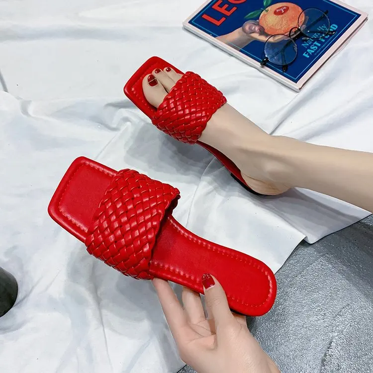 

customized ladies non-slip fashion straw flat sandles and slides casual womens leather slides slippers shoes, Blue ,black ,white ,red