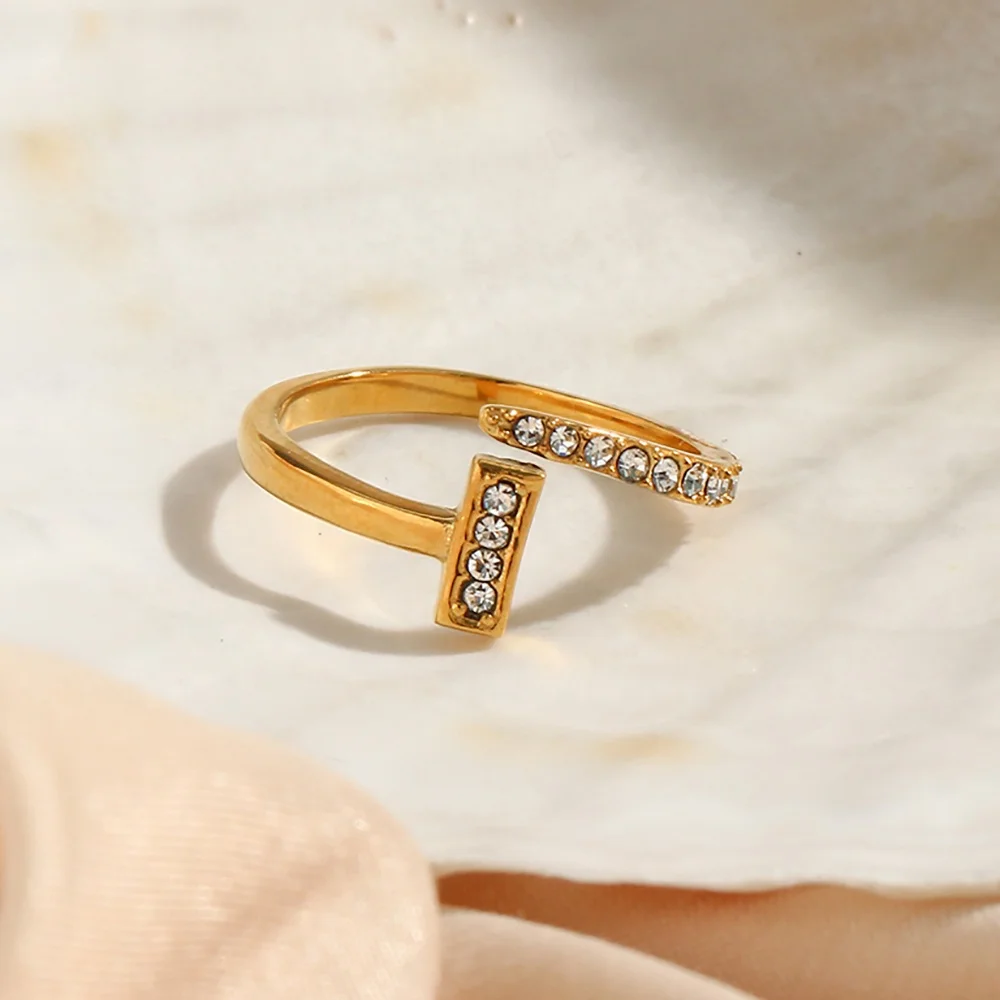 

Minimalist Adjustable Zircon Nail Shape Stainless Steel Gold Plated Rings Jewelry Women