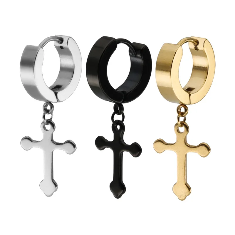 

Korean version of the new titanium steel round ear buckle with cross pendant stainless steel earrings earrings earrings for men
