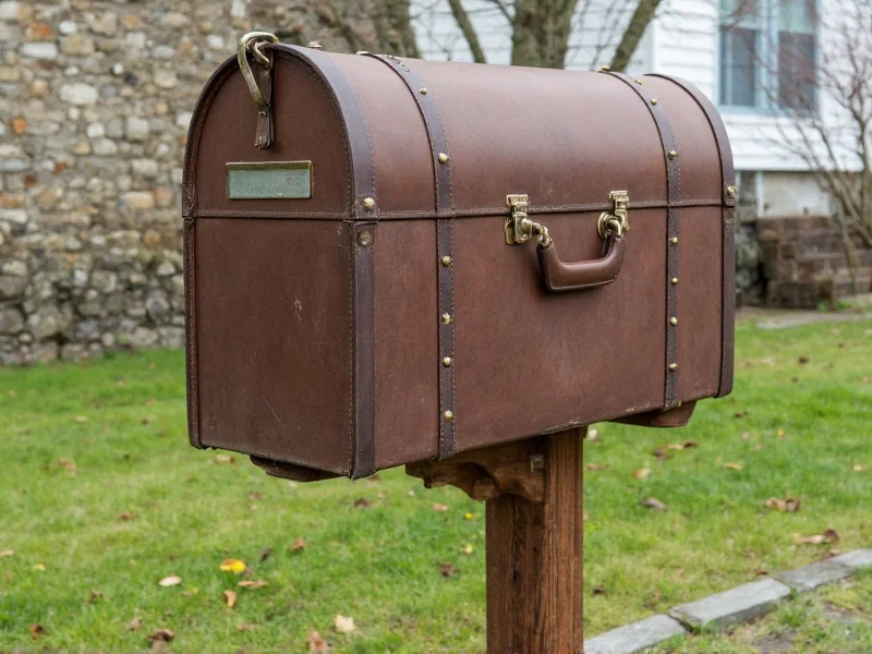 Vintage suitcase mailbox mounted on wooden post