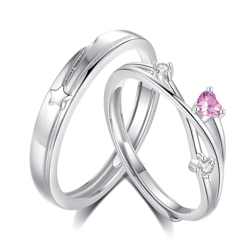 Light Luxury Fine Jewelry Couple Rings 925 Sterling Silver Adjustable Star Pink Heart Matching Ring Set for Men Women Lover