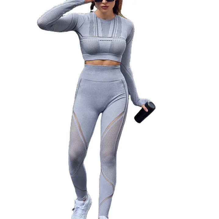 

Newest Women Fashion Solid Hollow Out Two Piece Sportswear Set Women Yoga Pants 2pc Long Sleeve Yoga Set, Gray