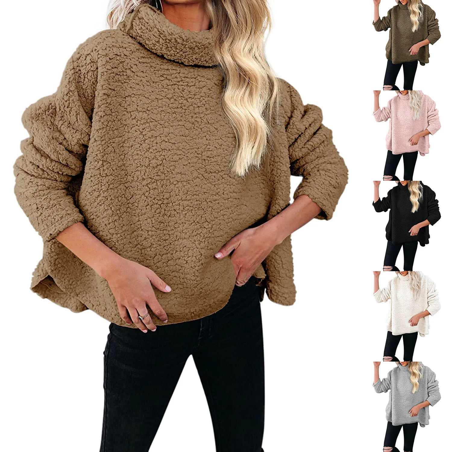 

Plus Size 5XL Turtleneck Fluffy Sweater Autumn Winter Sweet Fashion Long Sleeve Casual Solid Color Pullover For Women pull femme, Shown
