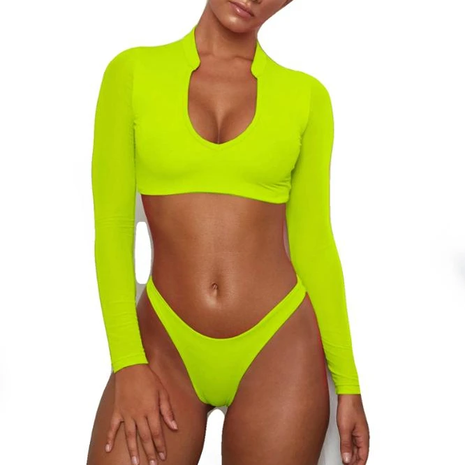 

2020 new arrivals Fashion Bikini V-Neck Mesh Long Sleeve Navel Tops 2 Pieces Set Beach Wear women Swimwear, Picture show