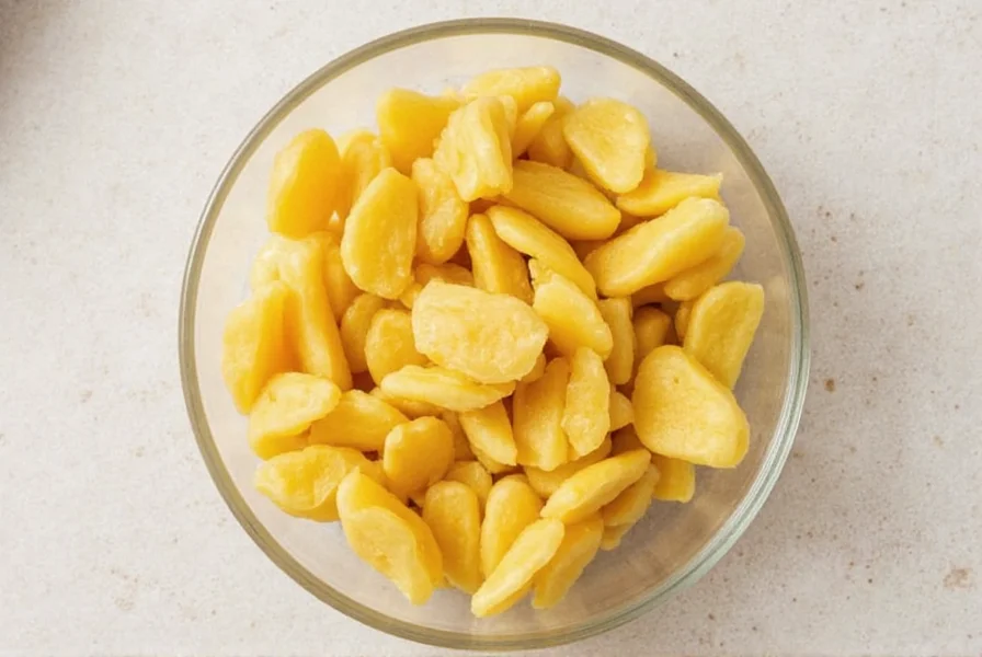 Candied ginger pieces being coated in sugar for crystallized texture