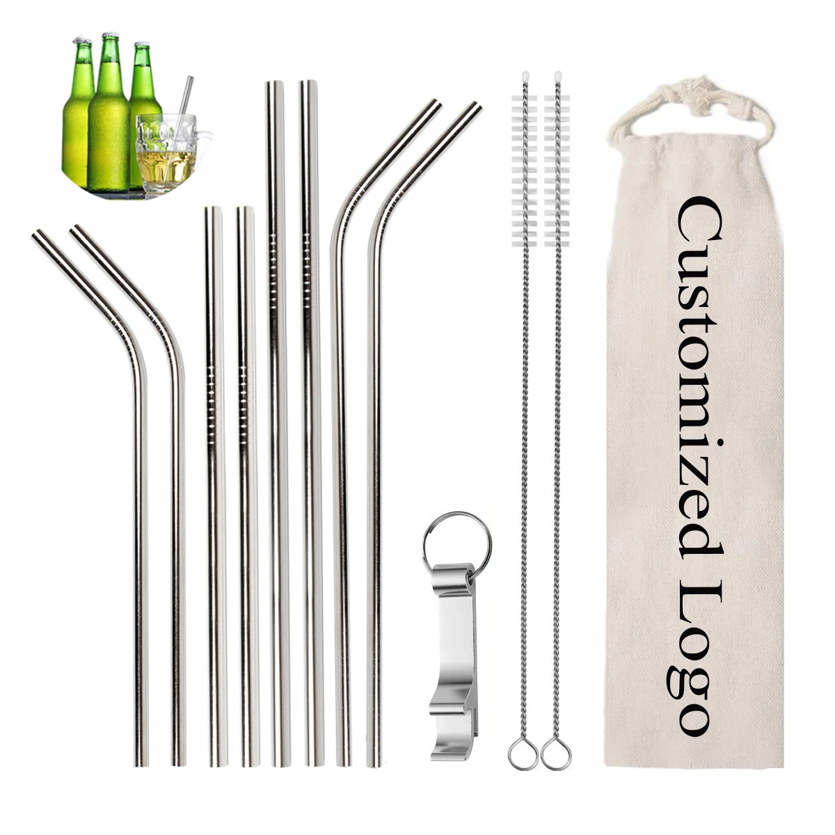 

Bar Accessories Reusable Stainless Steel Straw Set 12pcs With Beer Bottle Opener Silver Custom Straw