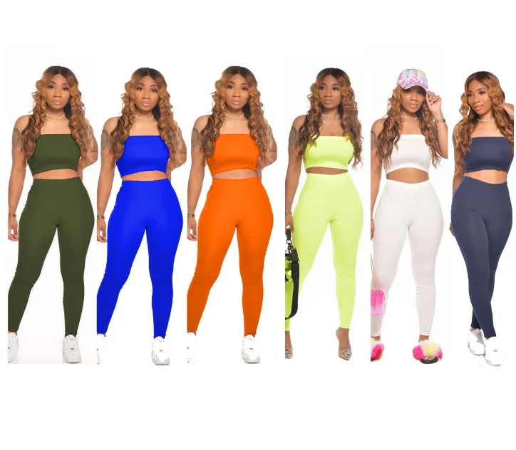 

2021 New Summer Girls Yoga Clothes Sexy Two Piece Sets Women Tube Top Ladies High Waisted Scrunch Butt Leggings Set For Women