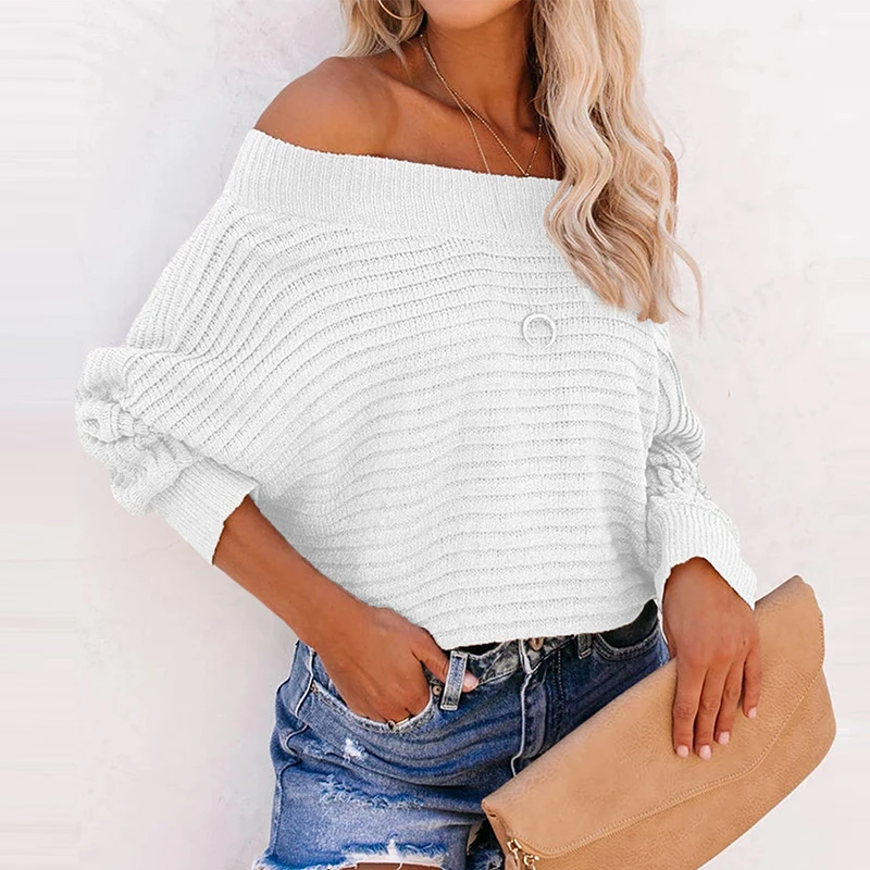 

New Arrival Boat Neck Off Shoulder Batwing Sleeve Chunky Women Knit Loose Pullover Sweater, White/pink/black/sky blue