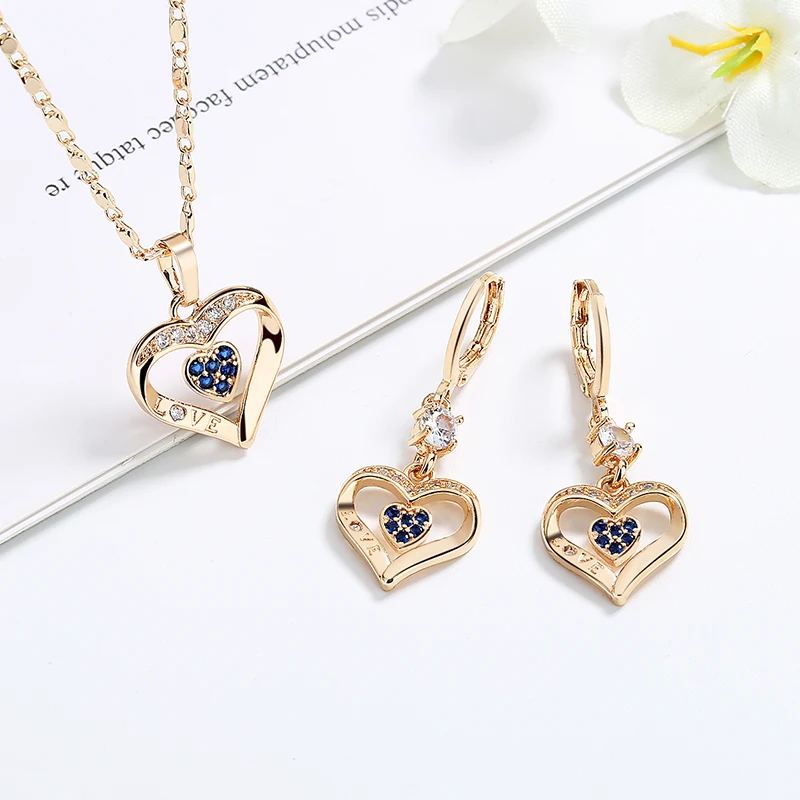 Free Shipping Luxury Heart Shaped 18K Gold Plated Clover Wedding Display Heart Crystal Fine Jewelry Jewelry Sets For Women