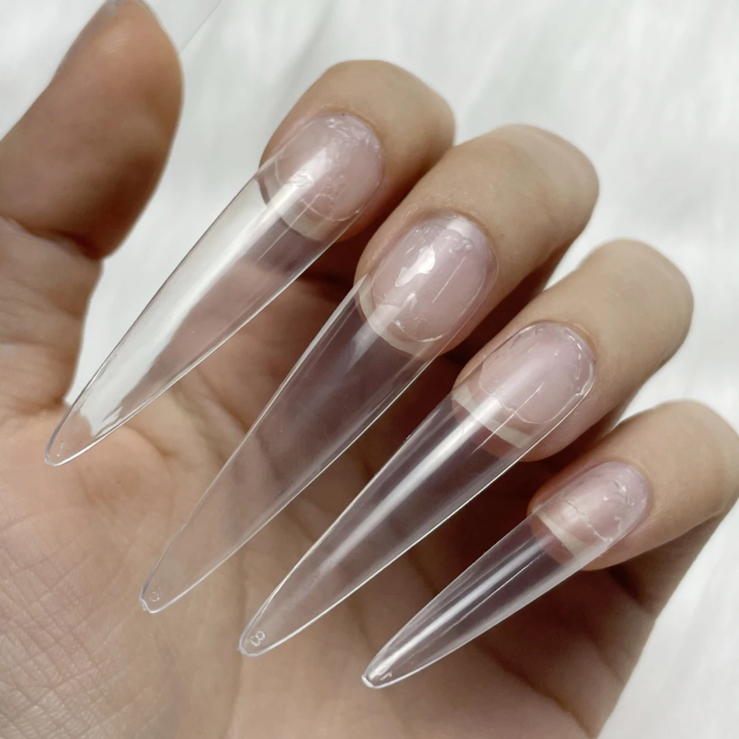 

500pcs Clear/nature Practice Display Thin coffin shape Nail Tips Clear Stiletto Nail Tips XXXL Full Cover Nail Tips, Natural white clear
