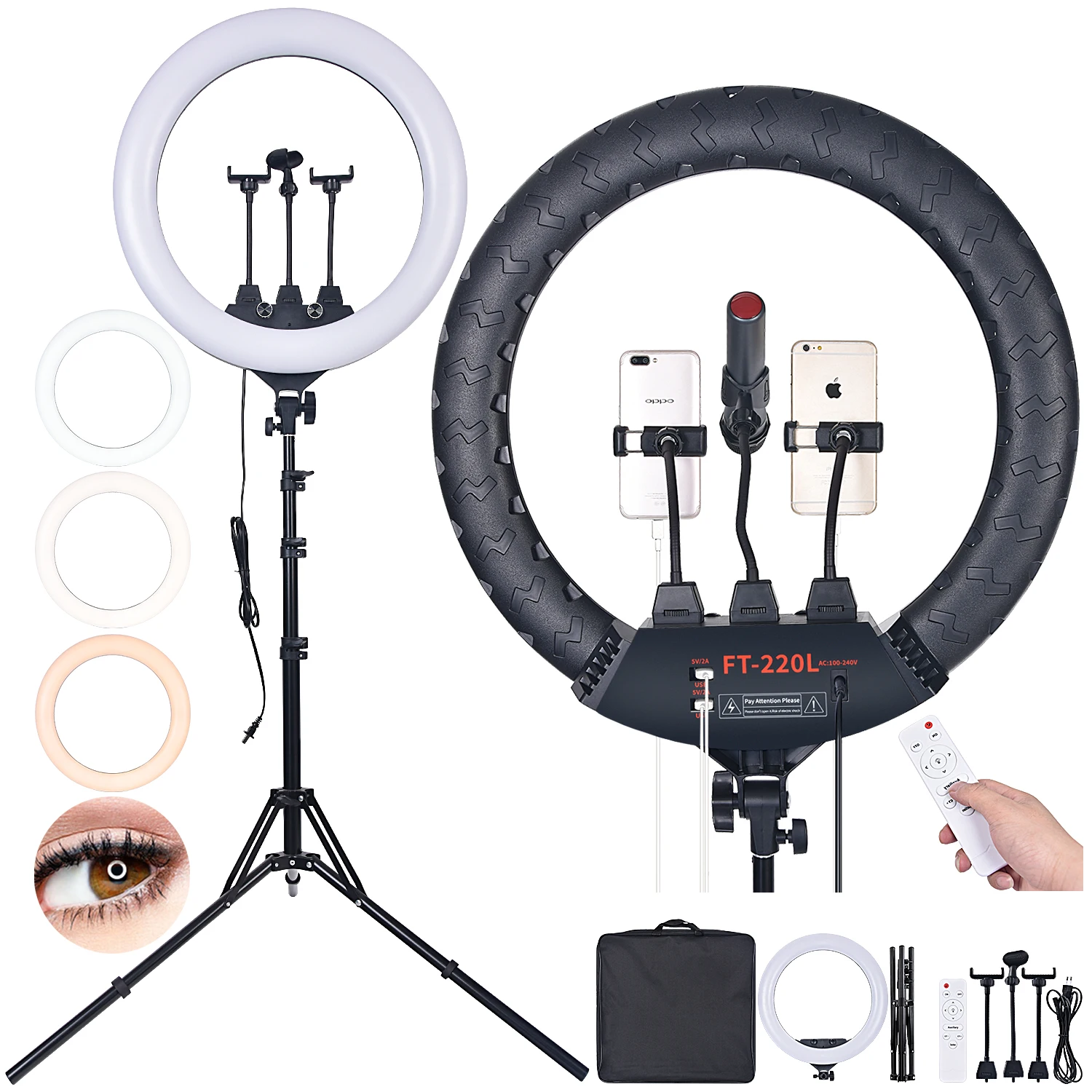 

Mexico Free Shipping FOSOTO FT-220L 22 Inch cheapest remote youtube tiktok big LED ring light with tripod and microphone holder, Black