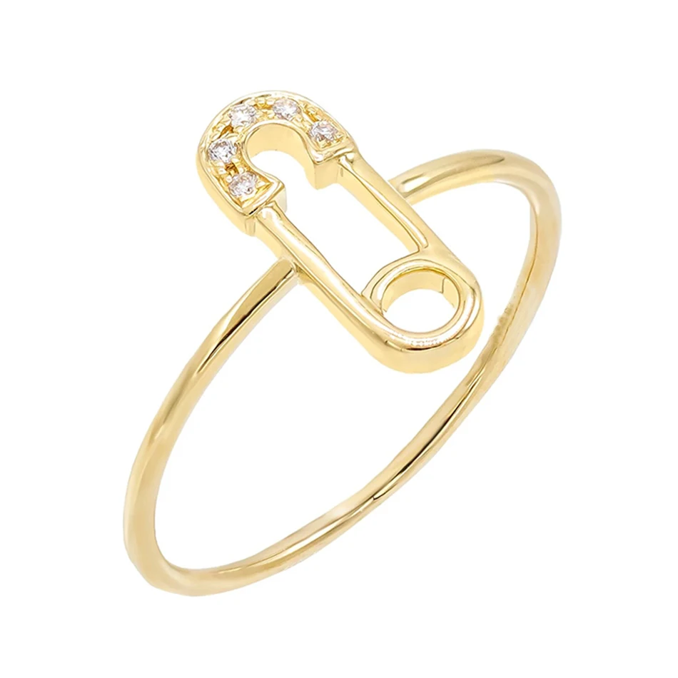 

925 Sterling Silver 14k Gold Plated Mini Safety Pin Cubic Zircon Ring For Woman