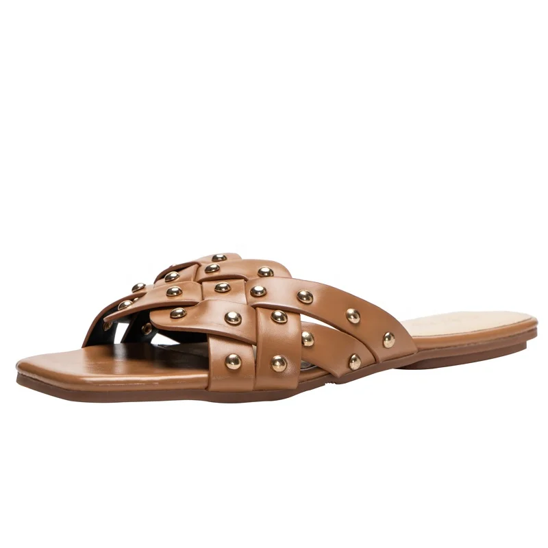 

Korean rivet woven fashion square head wear casual flat bottom flat heel women's slides slippers