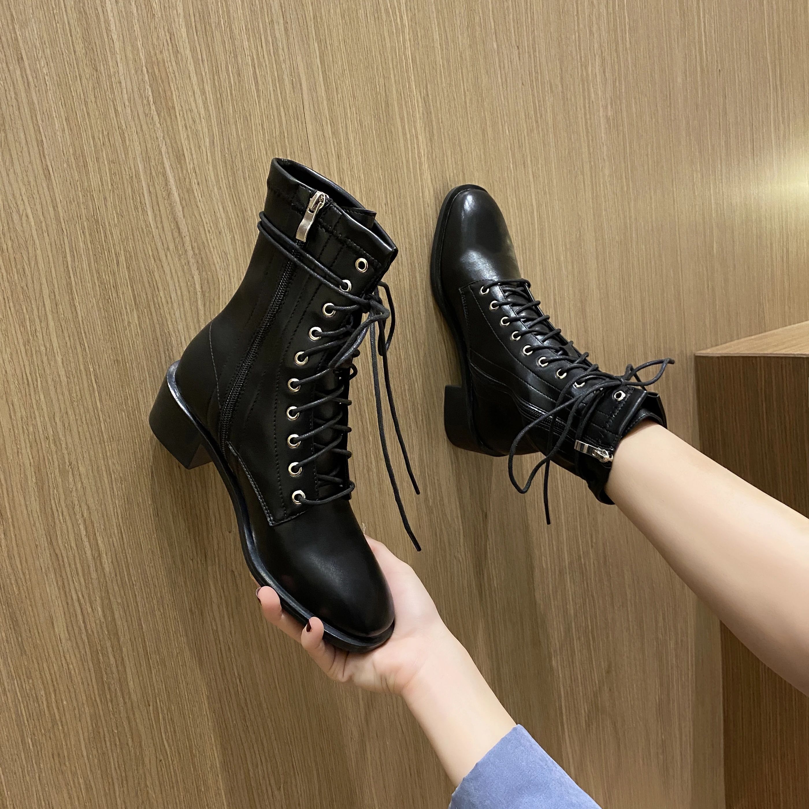 

Women Winter Autumn Black Platform Ankle Lace Up Thick Heel Boots