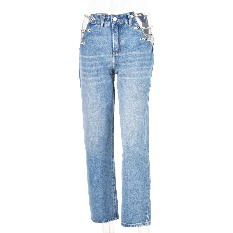 

OEM women Fashionable High Waist baggy jeans Straight Street Style Chain Ripped loose Denim Pants mom styles jeans