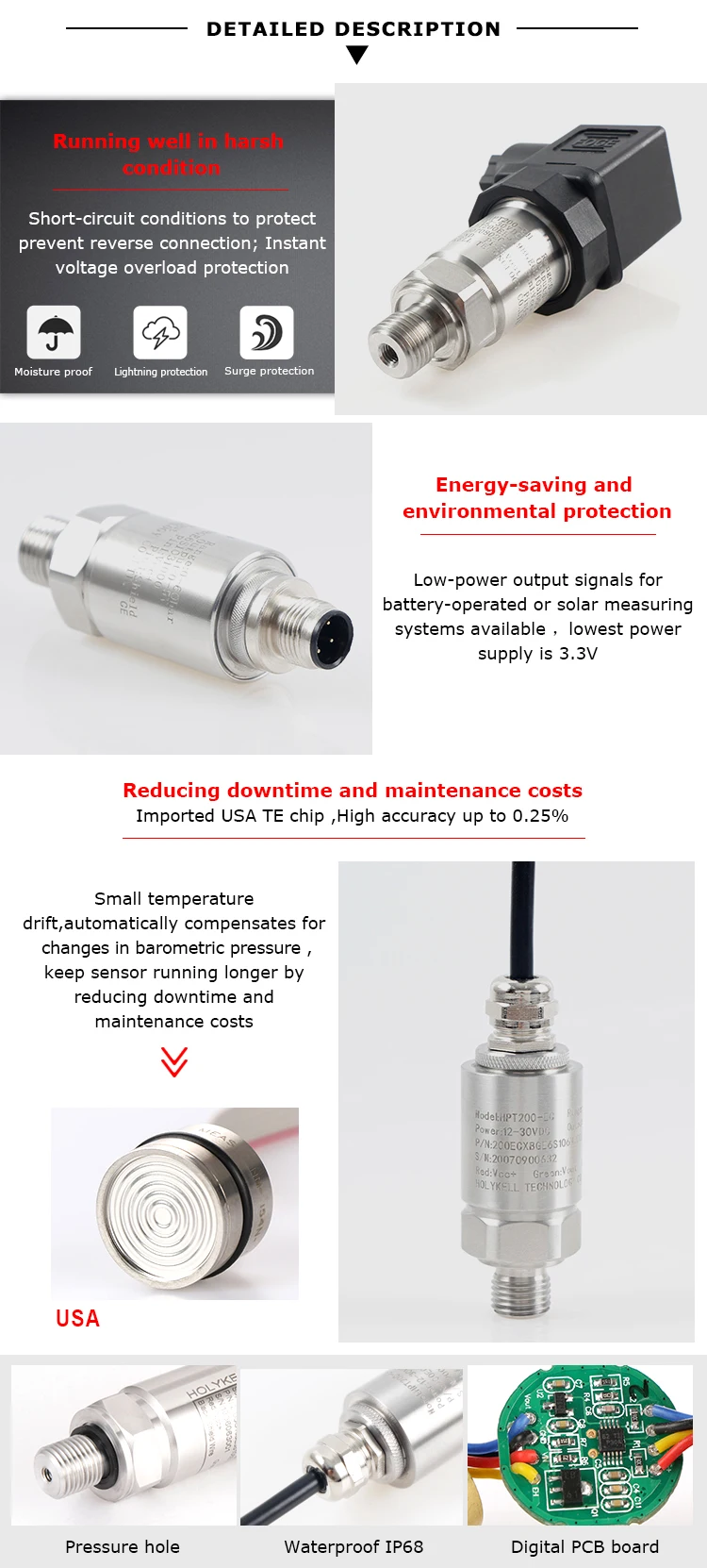Holykell Factory Low Cost 05v Stainless Steel Water Pipe Pressure