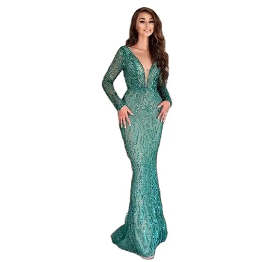 

Fashion Long Formal Evening Sexy deep V Solid Green Dress For women, Customized colors