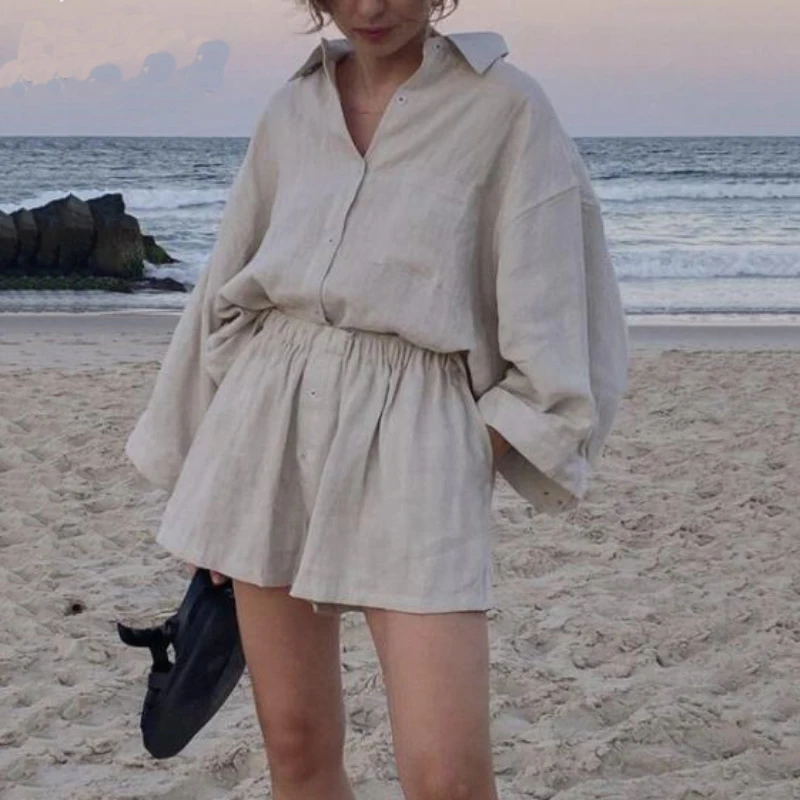 

2023 Summer 2pcs Shirt Lady Lounge Wear Outfits Women's Irregular Split Boho Oversized High Waist Loose Linen Shorts Sets Women