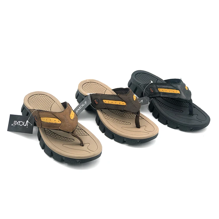 

New Arrival Mens Sport Leather Flip Flops Comfort Thick Heel Casual Thong Sandals Outdoor, Black/coffee/brown