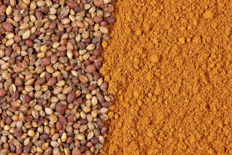 Close-up photography of whole cumin seeds next to ground cumin powder showing texture and color differences