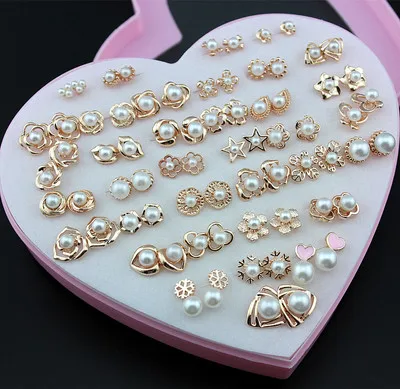 

36 Pairs custom heart pearl Box Gold Imitation Earrings Color retaining Hypoallergenic