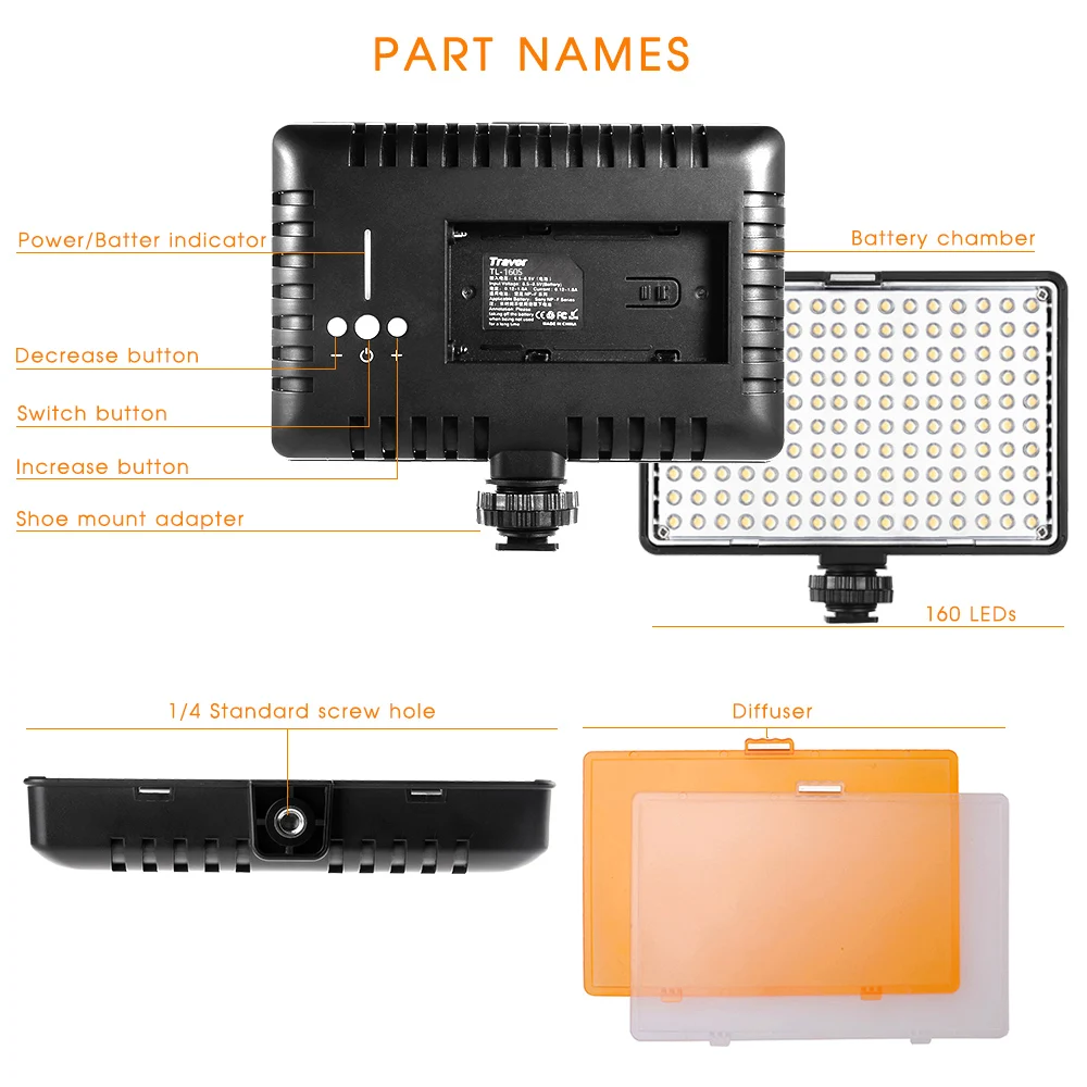 
Travor 4 in 1 160pcs leds Lightweight 11W 7.4V 3200K/5600K photography lighting led video panel light 
