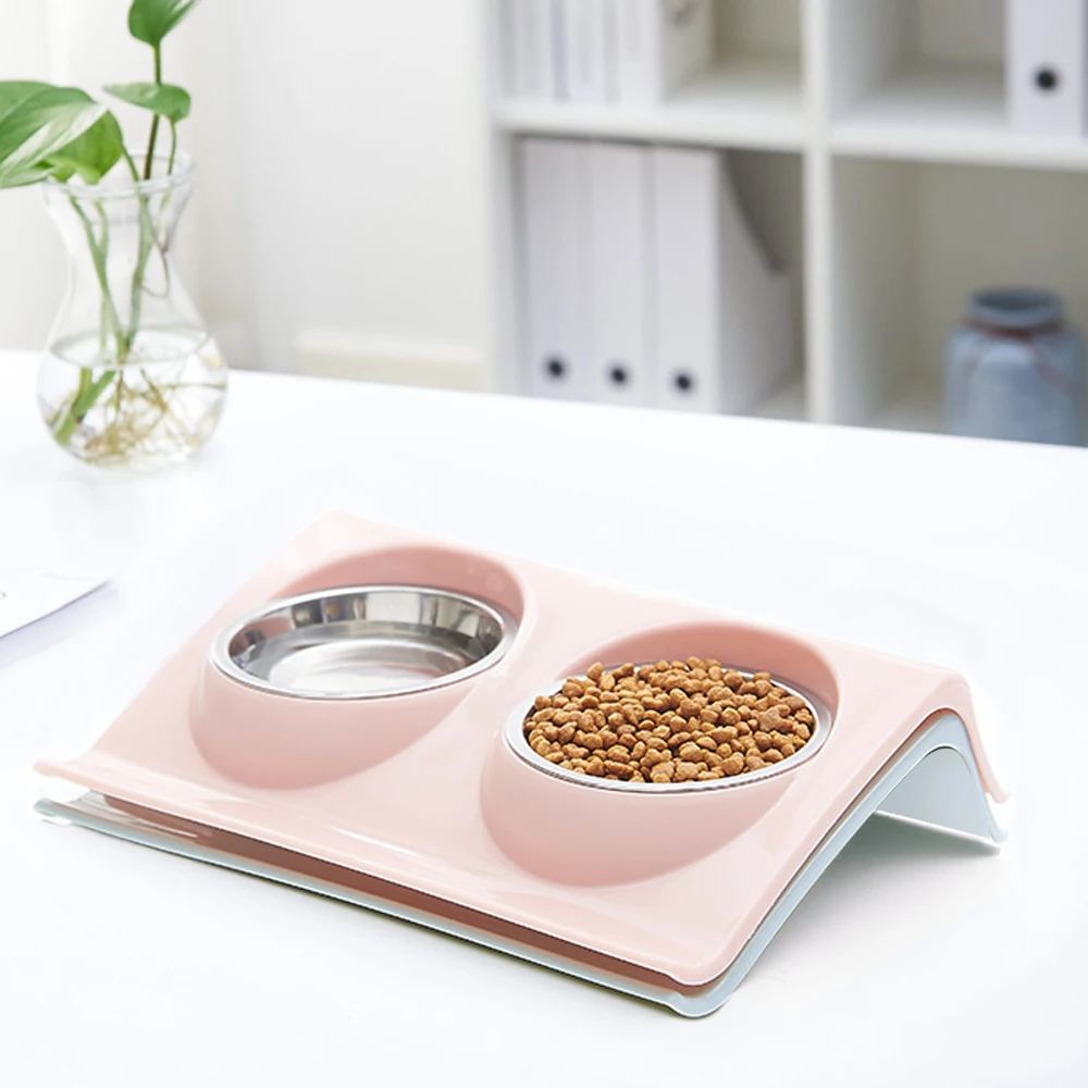 

Stainless Steel Double Cat Bowls Splash-proof Food Water Feeder For Dog Puppy Cats Pets Supplies Feeding Dishes Pet Bowl