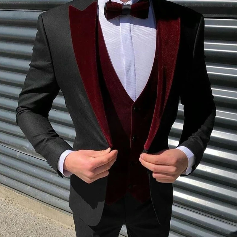 

Black Men Suits Burgundy Velvet Vest Costume Homme Slim Fit Prom Terno Masculino Blazer Groom Wear 3 Pcs (Jacket+Pant+Vest), Custom made