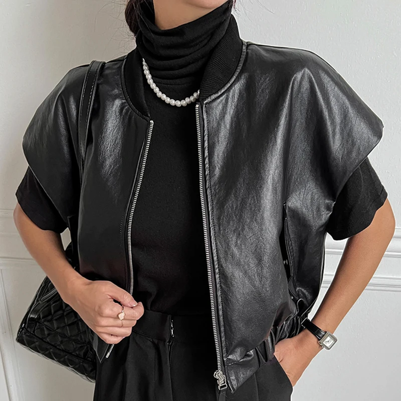 Wholesale 2026 Autumn Retro Premium Round Neck Zipper PU Leather Loose and Versatile Sleeveless Women's Vest