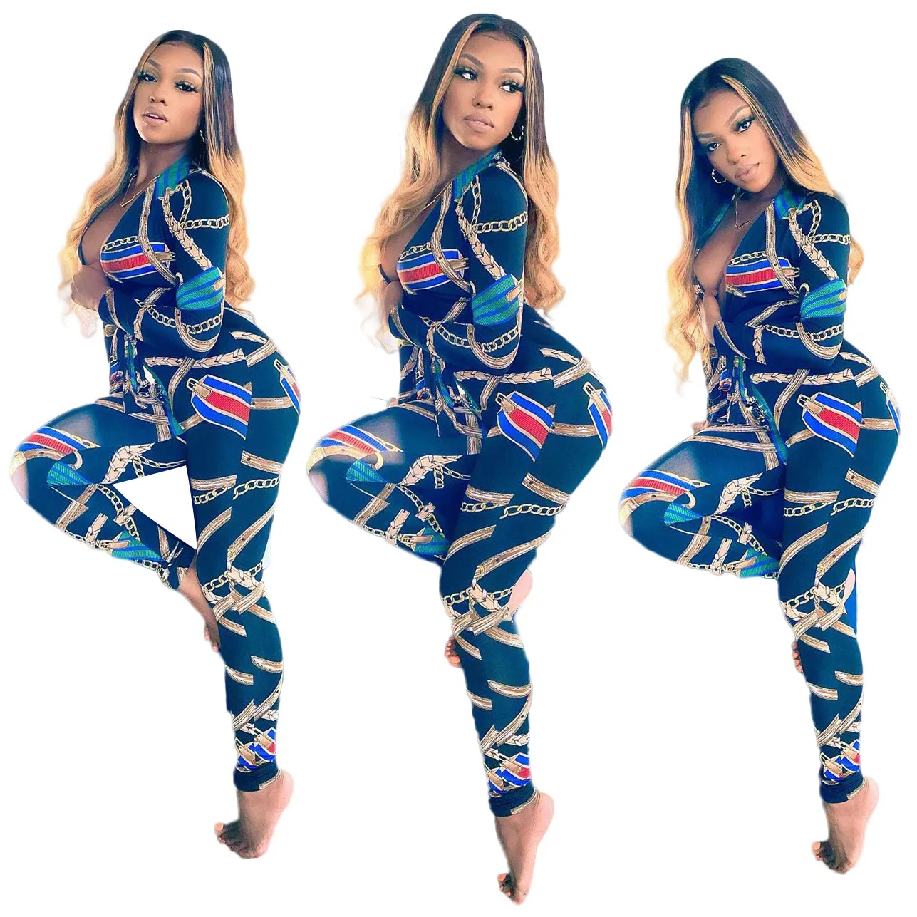 

WW-1362 Chain Printed Outside Zipper Long Sleeve V-neck Jumpsuits Long Sleeve Zipper Print Jumpsuit Women, Customized color
